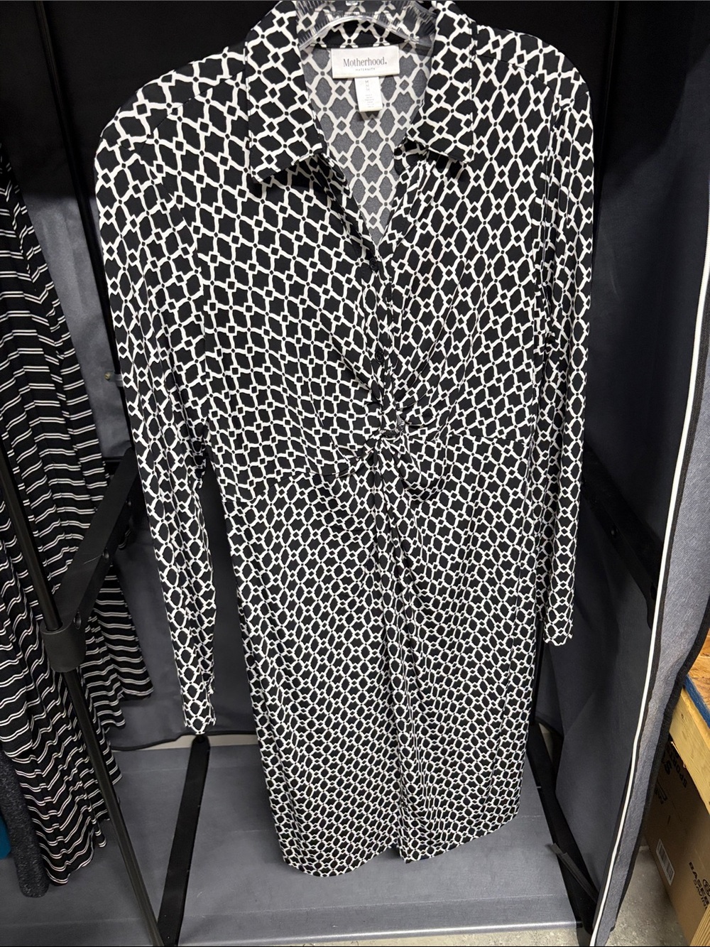 Motherhood Black & White Geometric Knot-Front Long Sleeve Dress